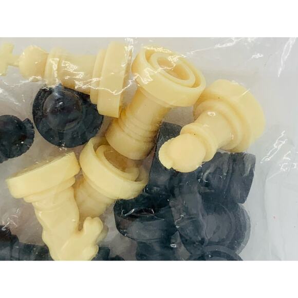 Chess Board Game Pieces Only Mini Small Beige Black Plasitc .75" x .5" D NIP - Picture 5 of 5